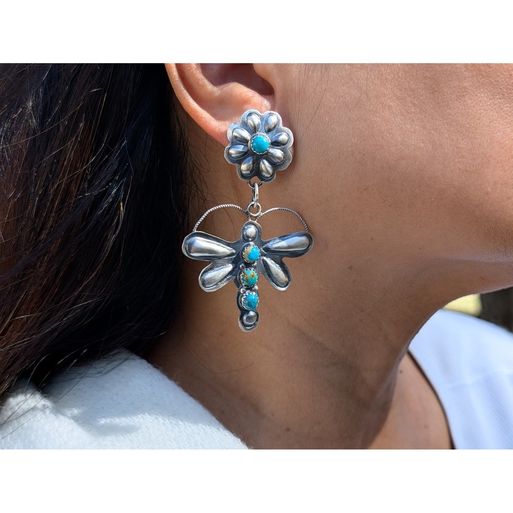 Navajo Earrings Dangle Dragonfly Signed Southwest Jewelry Native American *** - Picture 6 of 9